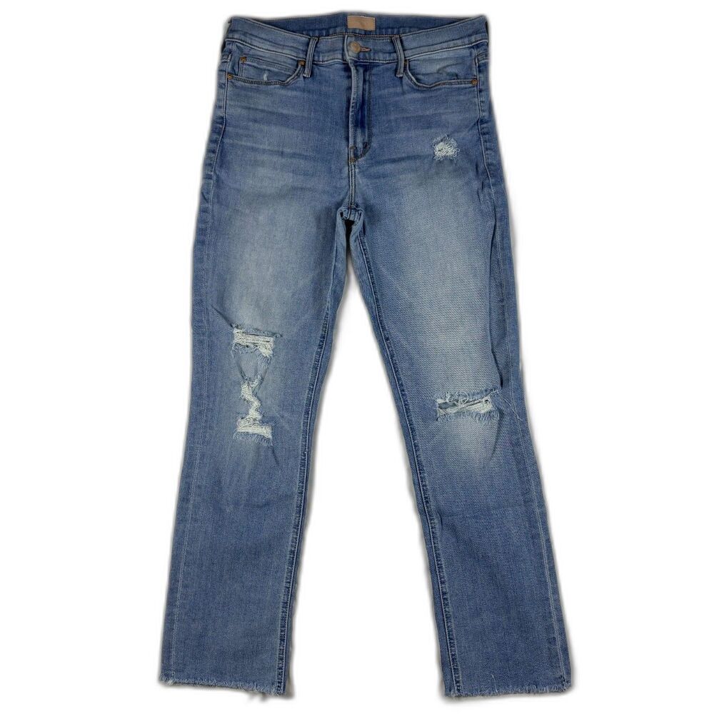 MOTHER The Dazzler Jeans Womens 29 Mid Rise Straight Ankle Fray Distressed Denim